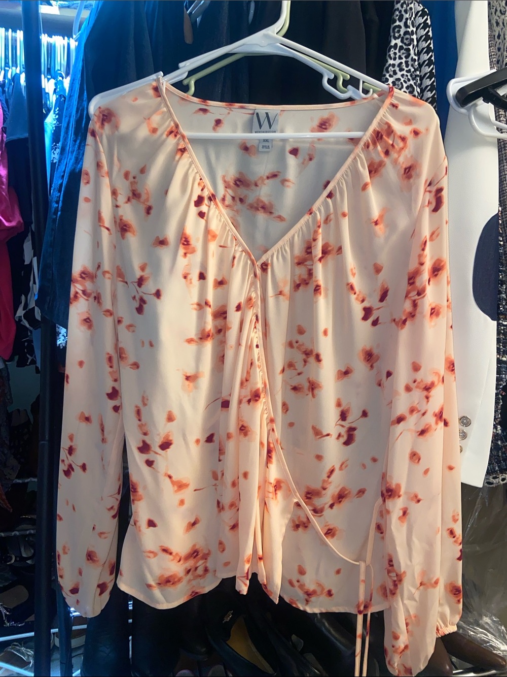 WORTHINGTON  Cream Blouse with Red-Orange Floral Tie Front